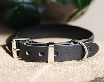 Custom Black Leather Dog Collar for Small and Large Dogs, Personalized Dog Gift with Silver Hardware