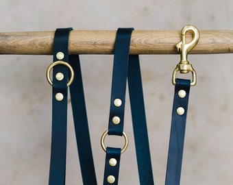 Navy Leather Dog Leash, Personalized 4ft 5ft 6ft Long Blue Dog Lead