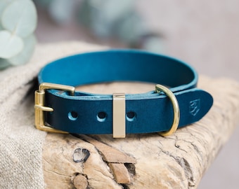 Blue Leather Dog Collar, Custom Engraved Puppy Collar with Brass hardware, Personalised Dog Gifts