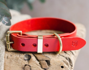 Red Leather Dog Collar, Personalised Dog Collar, Handmade with Brass hardware