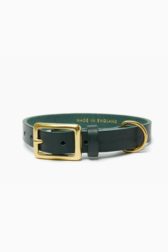 Dark Green Leather Dog Collar Engraved Dog Collar With Brass Etsy