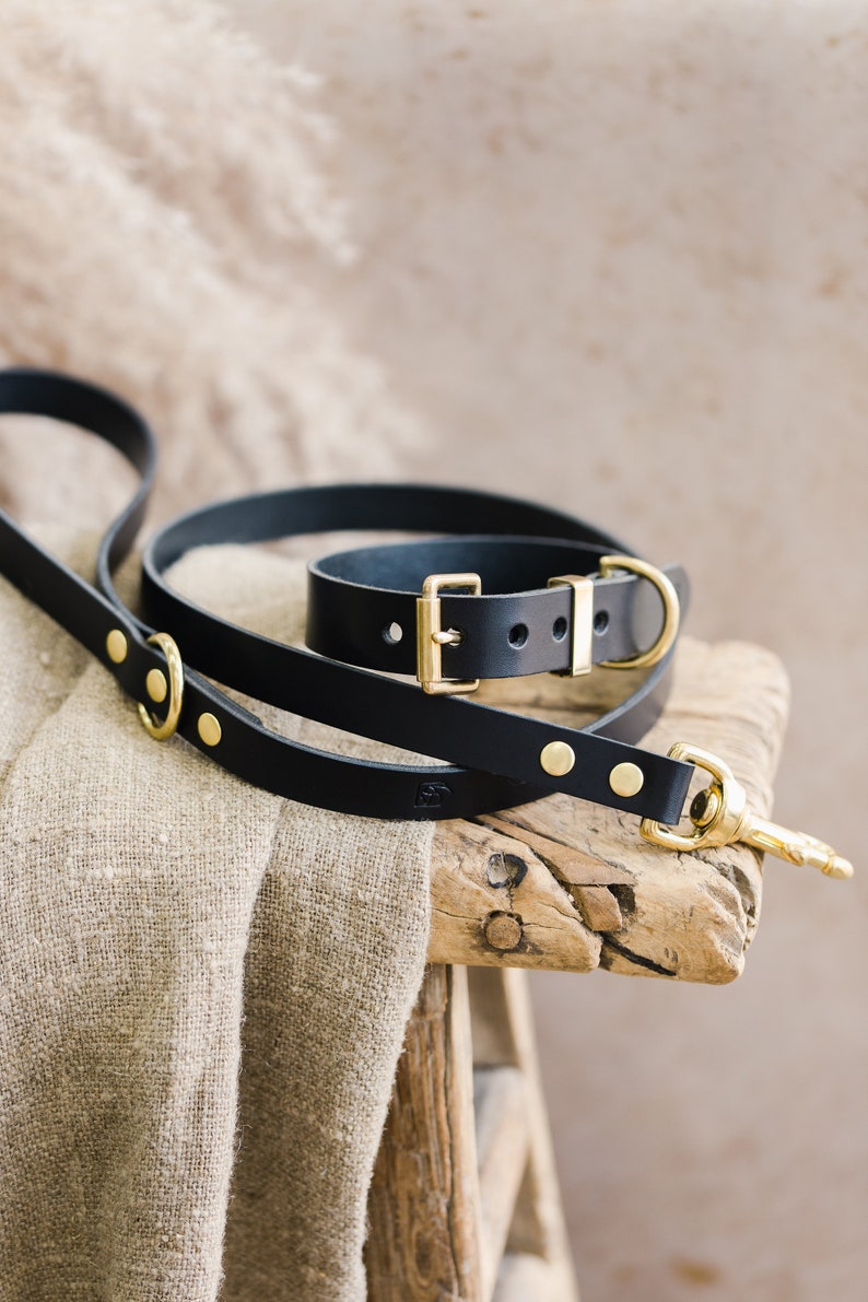 Black Leather Dog Collar and Leash Set Personalized Dog Etsy