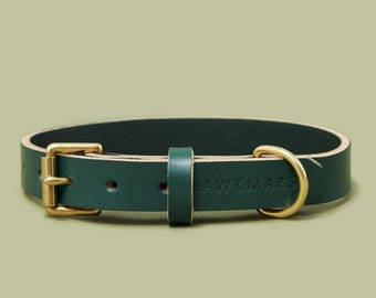 Green Leather Dog Collar, Engraved Dog Collar with Brass hardware, Personalized Dog Gift