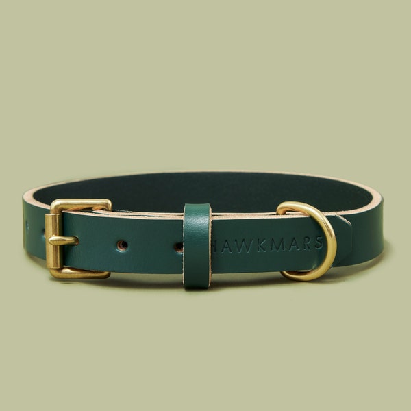 Green Leather Dog Collar, Engraved Dog Collar with Brass hardware, Personalized Dog Gift