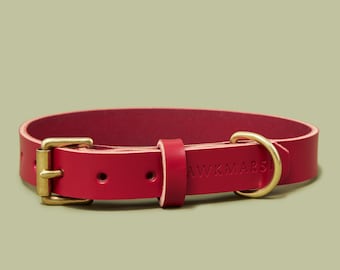 Red Leather Dog Collar, Personalised Dog Collar, Handmade with Brass hardware