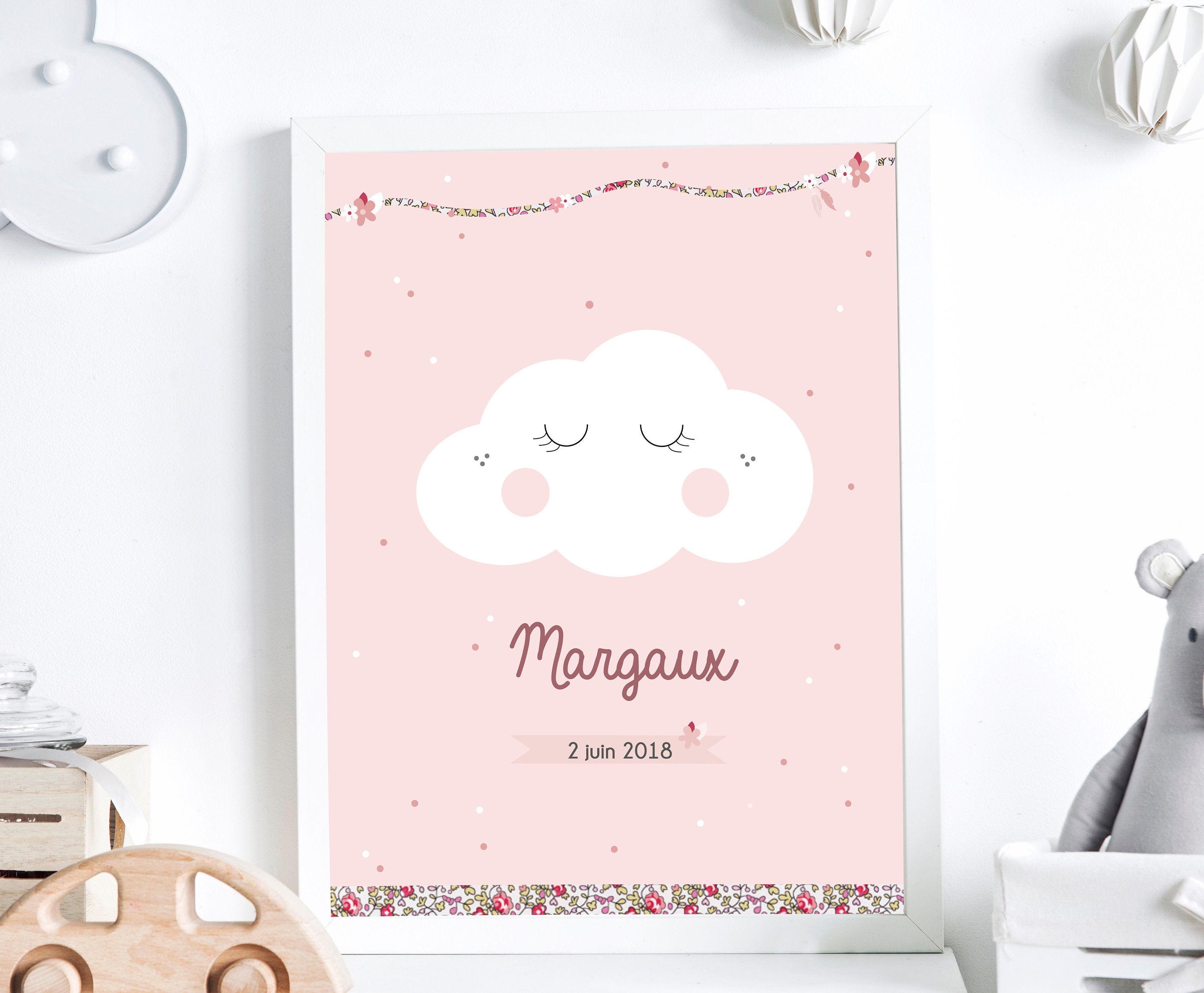 Affiche de Naissance Personnalisée Fille Thème Nuage Liberty