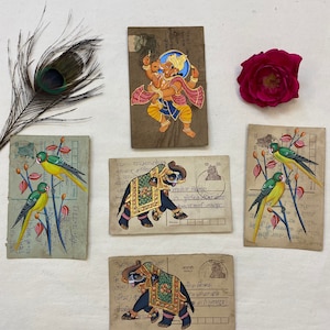 Ensemble mixte de 5 cartes postales indiennes vintage peintes à la main petit format 13 × 8 cm