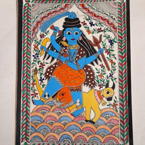 Shiva Traditional shops Indian painting, original Madhubani Art, natural pigments, medium size 56 x 38 cm,