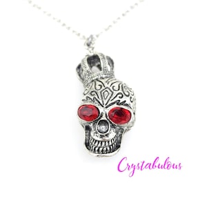 Skull with Crown Premium Crystal Pendant Chain Necklace, Renowned Brand Fine Oval Crystal in Ruby, Unique Red Eyes Cranium Halloween Goth