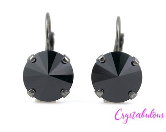 Jet Black Swarovski Crystal Drop Earrings, 12mm Dangle Earrings