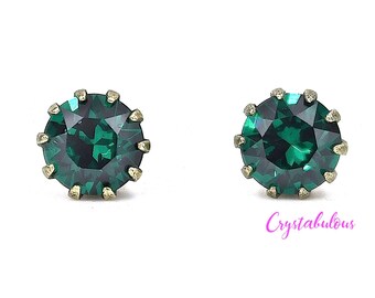 Emerald Green Crystal Stud Earrings: Antique Brass Plated, 8mm