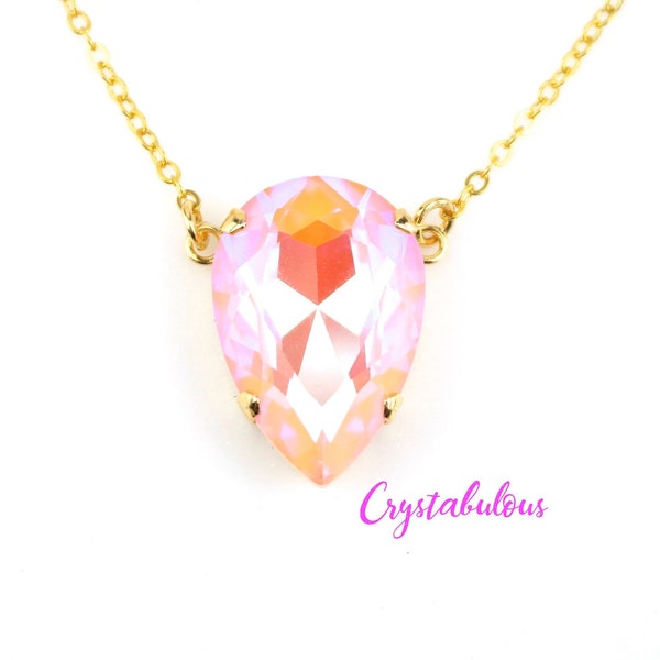 Peach Premium Crystal Big Pear Pendant Chain Necklace, Premium Renowned Brand Large Crystal Light Orange, Unique Handmade Unusual Jewellery