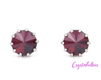Pendientes de botón de cristal rojo rubí: Cristal Swarovski, elige el baño (8 mm)