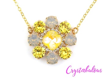 Yellow Premium Crystal Flower Pendant Necklace, Renowned Brand Finest CrystalSunshine Yellow and Light Grey Opal, Handmade Chain Necklace