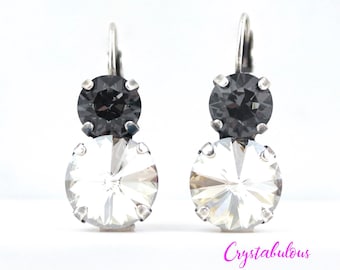 Swarovski Crystal Drop Earrings: Black & Clear Rivoli Cut