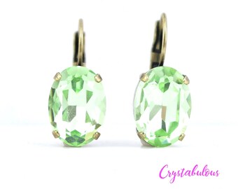 Lime Green Premium Crystal Earrings, Renowned Brand Fine Austrian Light Green, Choose Your Plating, Oval Drop Dangle Lever Back 14x10mm
