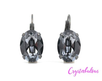 Black Premium Crystal Earrings, Renowned Brand Fine Austrian Crystal Silver Night, Choose Your Plating, Oval Drop Dangle Lever Back 14x10mm