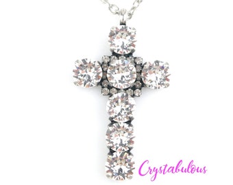 Crystal Cross Pendant Necklace: Antique Silver Crucifix, Christian Jewelry