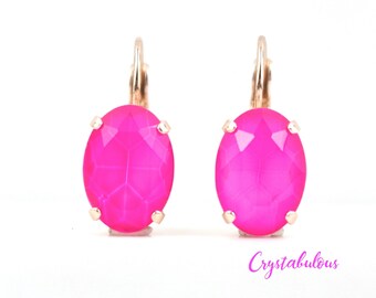 Bright Neon Pink Premium Crystal Earrings, Renowned Brand Fine Austrian Crystals, Choose Your Plating, Oval Drop Dangle Lever Back 14x10mm