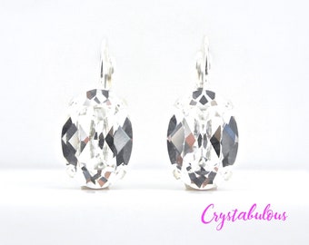 Clear Premium Crystal Earrings, Renowned Brand Fine Austrian Crystals, Choose Your Plating, Bridal Oval Drop Dangle Lever Back 14x10mm