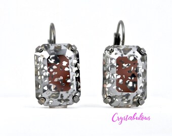 Oorbellen met zwarte kristallen patina: achthoekige hanger met Swarovski-kristallen, kies uw plating.