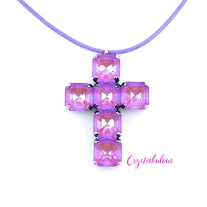 Purple Premium Crystal Cross Chain Pendant, Renowned Brand Fine Crystal Light Violet Lilac, Unique Handmade Crucifix Unusual Necklace