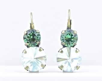 Green Swarovski Crystal Earrings: Antique Brass Double Drop