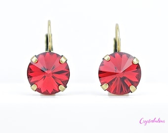 Red Crystal Earrings, Premium Crystal from Renowned Brand in Scarlet Red, Deep Ruby Red Crystals, Choose Your Plating, 12mm.