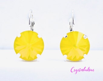 Yellow Opal Crystal Earrings, Choose your plating, Bright Yellow Renowned Brand of Fine Austrian Crystal Sunshine Yellow Round Cut, 12mm.