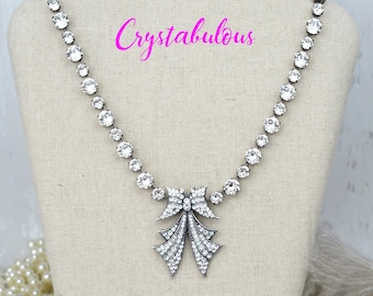 Clear Crystal Necklace, Bow Necklace, Swarovski Necklace, Bridal Necklace, Vintage Look, White, Statement Necklace, Unique Gift.