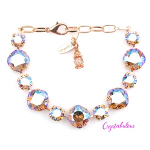 Rose Gold Topaz Shimmer Premium Crystal Bracelet, Renowned Brand Fine Austrian Crystal, Square Round Mixed Stone Crystals 12mm 8mm