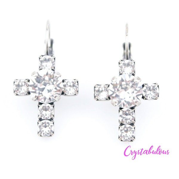 Clear Austrian Crystal Cross Earrings, Cross White Crystal Dangle Earrings, 8mm
