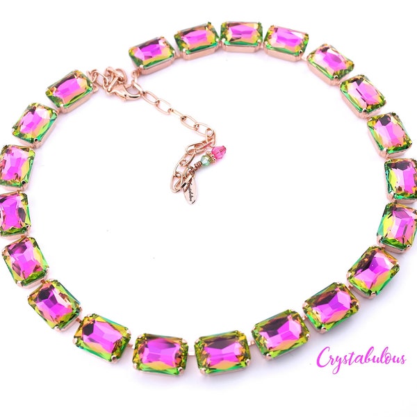 Bright Pink Green Octagon Premium Crystal Necklace, Renowned Brand Fine Crystal, Handmade Anna Wintour Colette Georgian Necklace, 18x13mm