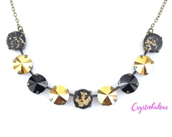 Gold Black Premium Crystal Chain Necklace, Renowned Brand Fine Crystal in Jet Gold Leaf Cabochon, Handmade Unique Statement Necklace, 12mm