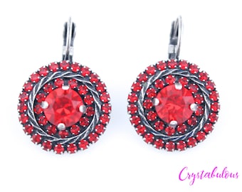 Red Austrian Crystal Earrings, Round Red Dangle Earrings with Renowned Austrian Crystals, 8mm.