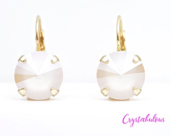 Beige Premium Crystal Earrings, Renowned Brand Fine Austrian Crystal, Choose your plating, Ivory Opal Crystal Round Cut Earrings, 12mm