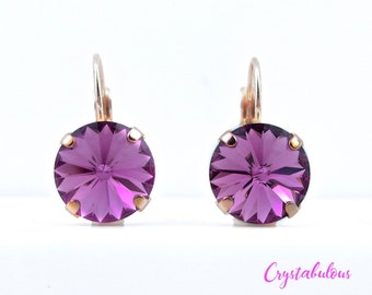 Purple Crystal Earrings, Renowned Brand of Fine Austrian Crystal, Choose your Plating, Deep Purple Round Shape Single Drop Earrings, 12mm
