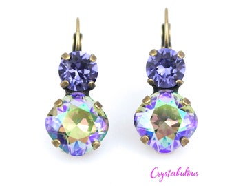 Purple Green Premium Crystal Earrings, Renowned Brand Fine Austrian, Choose Your Plating, Square Round Crystal Double Drop Dangle Lever Back