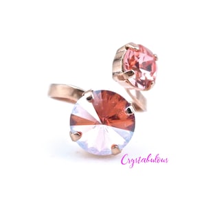 Anillo de cristal premium de melocotón rosa, anillo de declaración ajustable brillante, anillo de cóctel grueso, ocasión de moda de fiesta de boda de regalo, 8 mm 12 mm.