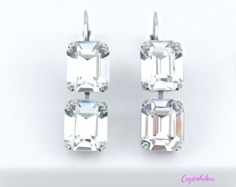 Clear Premium Crystal Double Drop Octagon Earrings, Bridal or Party Emerald Cut Earrings, Wedding Prom party Gift Occasion 12x10mm