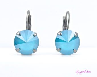 Blue Premium Crystal Earrings, Renowned Brand Fine Austrian Crystal, Choose your Plating, Summer Blue Crystal Round Cut Earrings 12mm