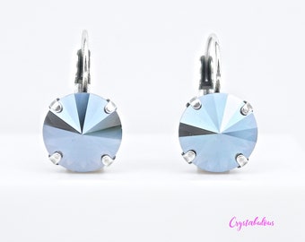 Blue Crystal Drop Earrings: 12mm Austrian Crystal, Antique Silver