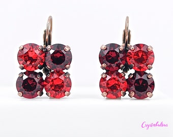 Red Crystal Earrings with Renowned Austrian Crystals, Light Red and Dark Red Crystal Earrings, Gift Wedding Prom Fashion Party, 8mm.