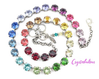 Rainbow Premium Crystals Necklace, Renowned Brand Fine Crystal, Multicolour Crystal Tennis Necklace, Party Gift Prom Fashion Carnival, 8mm