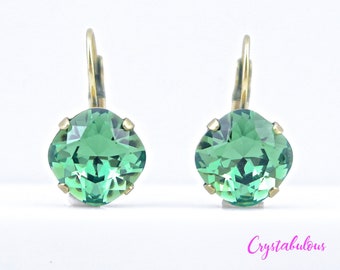 Green Square Crystal Earrings: Fine Swarovski Crystal, Antique Brass (12mm)