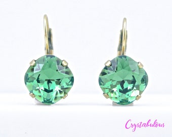 Green Premium Square Crystal Earrings, Renowned Brand Fine Austrian in Luminous, Statement Earrings Wedding Gift Party Fashion Prom,  12mm.