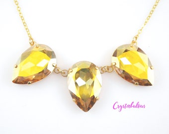 Gold Premium Crystal Triple Pear Pendant Chain Necklace, Premium Renowned Brand Fine Big Crystal Metallic Gold, Handmade Unique Necklace