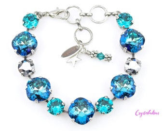 Blue Premium Crystal Bracelet, Renowned Brand Fine Crystal in Deep Blue  Light Aquamarine Square and Silver Chrome Crystals, 12mm 8mm