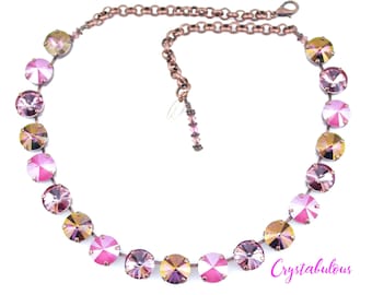 Collar de cristal de peonía rosa: cobre antiguo, cristal austriaco (12 mm)