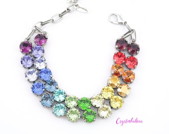 Rainbow Premium Crystal Bracelet, Renowned Brand Fine Austrian Crystal Multicolour, Choose Your Plating, Handmade Double Strand Bracelet 8mm